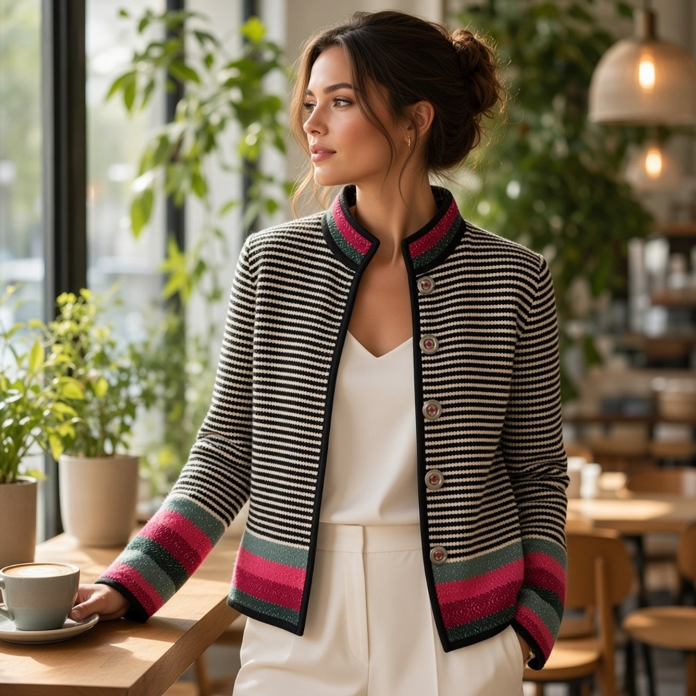 Annikki Karvinen Striped Cardigan Sweater Size S Black White Red Green Cotton